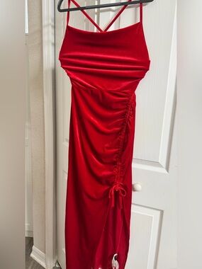 SHEIN Red Ruched High-Low Spaghetti Strap Midi Skirt